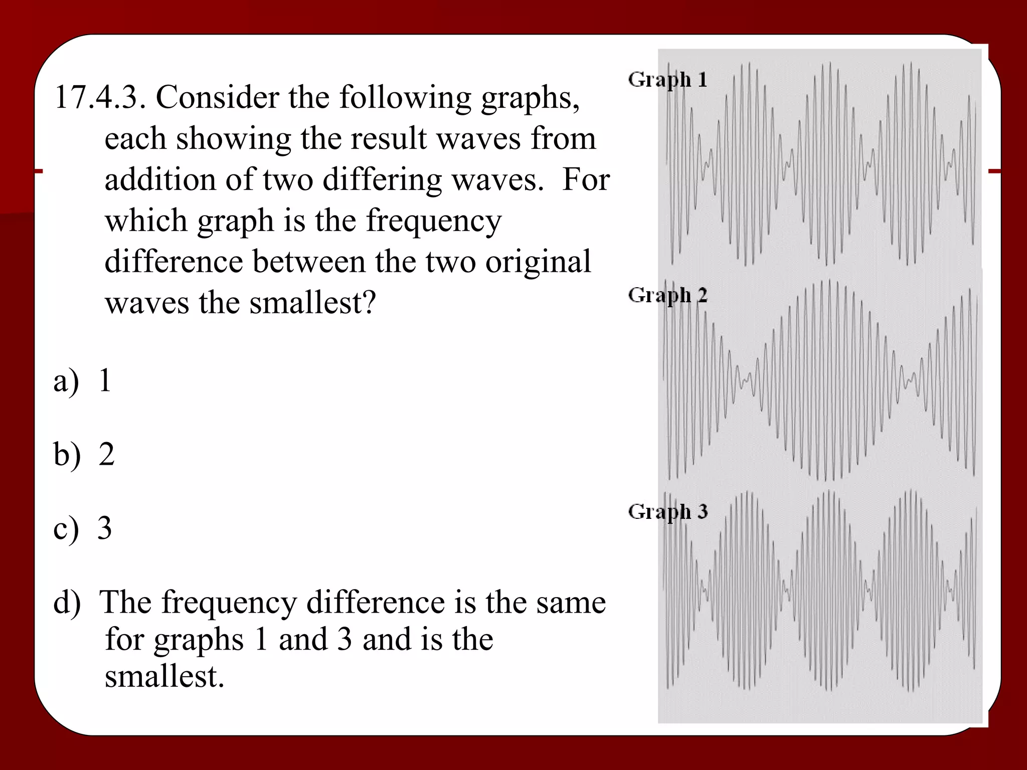 17.4.3. Consider the following graphs, each showing the result waves from addition of two differing waves.  For which graph is the frequency difference between the two original waves the smallest? a)  1 b)  2 c)  3 d)  The frequency difference is the same for graphs 1 and 3 and is the smallest. 