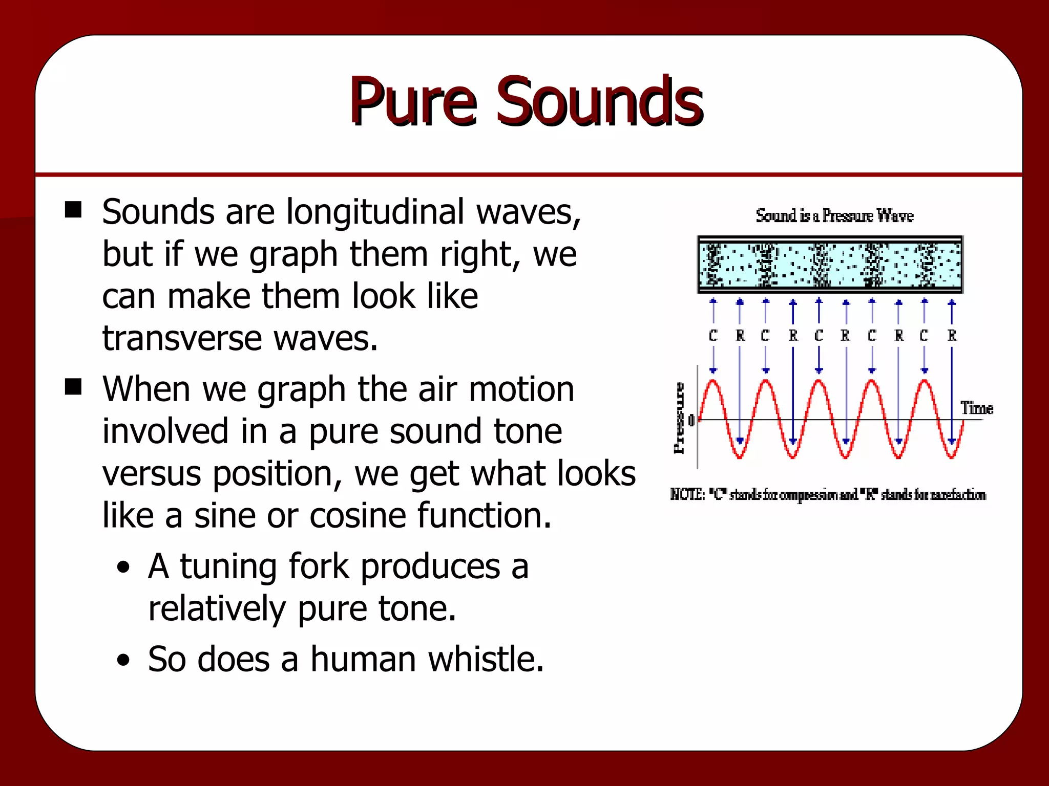Pure Sounds Sounds are longitudinal waves, but if we graph them right, we can make them look like transverse waves. When we graph the air motion involved in a pure sound tone versus position, we get what looks like a sine or cosine function. A tuning fork produces a relatively pure tone.  So does a human whistle. 
