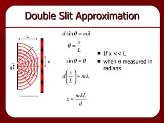 Double Slit Approximation If x << L when    measured in radians d L x 