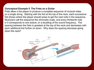 Conceptual Example 5  The Frets on a Guitar Frets allow a the player to produce a complete sequence of musical notes on a single string.  Starting with the fret at the top of the neck, each successive fret shows where the player should press to get the next note in the sequence. Musicians call the sequence the chromatic scale, and every thirteenth note  in it corresponds to one octave, or a doubling of the sound frequency.  The  spacing between the frets is greatest at the top of the neck and decreases with each additional fret further on down.  Why does the spacing decrease going  down the neck? 