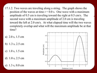 17.1.2. Two waves are traveling along a string.  The graph shows the position of the waves at time  t  = 0.0 s.  One wave with a maximum amplitude of 0.5 cm is traveling toward the right at 0.5 cm/s.  The second wave with a maximum amplitude of 2.0 cm is traveling toward the left at 2.0 cm/s.  At what elapsed time will the two waves completely overlap and what will the maximum amplitude be at that time? a)  2.0 s, 1.5 cm b)  1.3 s, 2.5 cm c)  1.0 s, 1.5 cm d)  1.0 s, 2.5 cm e)  1.3 s, 0.0 cm 