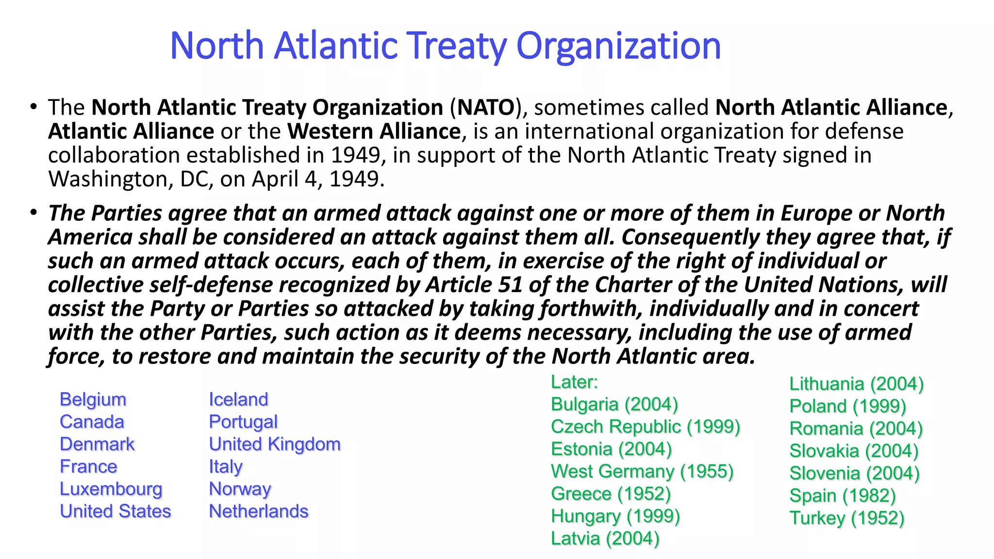 S E C T I O N 4
Foreign Aid and Defense Alliances
• What are the two types of foreign aid?
• How can we describe United States foreign aid policy?
• What are the major security alliances to which the United
States belongs?
• What is United States policy in the Middle East?
• What role does the United Nations play, and what problems
does it face?
 