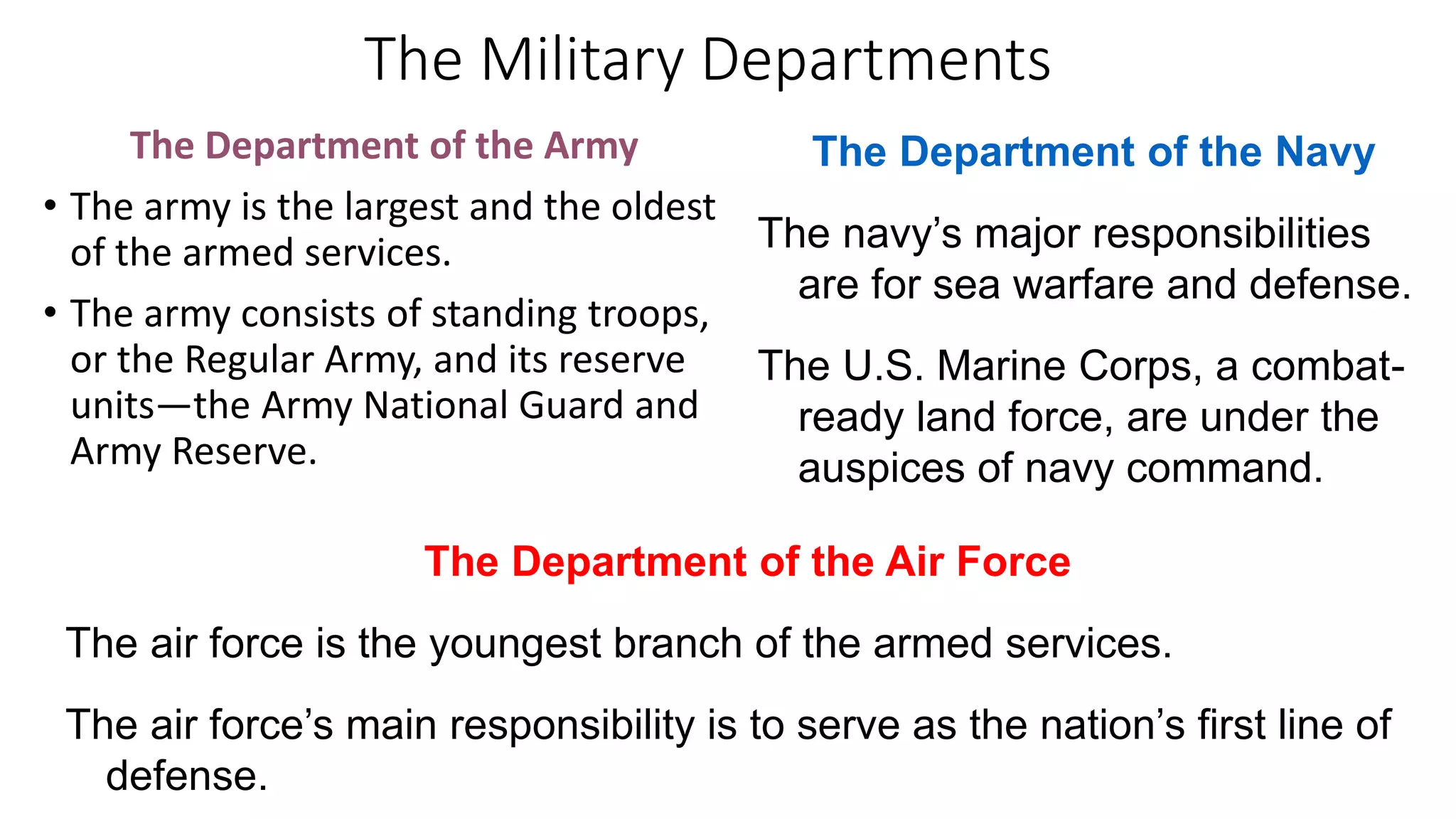 The Defense Department
This chart shows the chain of command of
American military services.
 