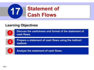 17-1
Learning Objectives
Discuss the usefulness and format of the statement of
cash flows.
1
Prepare a statement of cash flows using the indirect
method.
2
Analyze the statement of cash flows.3
Statement of
Cash Flows17
 
