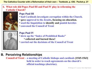 The Catholics Counter with a Reformation of their own - Textbook, p. 436; Packet p. 27

 6. What role did Popes Paul III and Paul IV play in reforming the
    Catholic Church?
               Pope Paul III
               • had Cardinals investigate corruption within the Church.
               • gave approval to the Jesuits, focusing on education.
               • used the Inquisition to identify and punish heretics
               • convened the Council of Trent

                Pope Paul IV
                • drew up the “Index of Prohibited Books”
                     • collected and burned these!
                • carried out the decisions of the Council of Trent




B. Perceiving Relationships
   Council of Trent – a meeting of Catholic bishops and cardinals [1545-1563]
                      held in order to reach agreements on the church’s
                      official teachings (doctrine).
                                                                  PP Design of T. Loessin; Akins High School
 