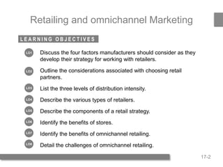 17-2
L E A R N I N G O B J E C T I V E S
Discuss the four factors manufacturers should consider as they
develop their strategy for working with retailers.
Outline the considerations associated with choosing retail
partners.
List the three levels of distribution intensity.
Describe the various types of retailers.
Describe the components of a retail strategy.
Identify the benefits of stores.
Identify the benefits of omnichannel retailing.
Detail the challenges of omnichannel retailing.
Retailing and omnichannel Marketing
LO1
LO2
LO3
LO4
LO5
LO6
LO7
LO8
 