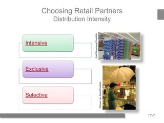 17-7
Choosing Retail Partners
Distribution Intensity
Intensive
Exclusive
Selective ©JeffGreenberg/PhotoEdit
©SusanVanEtten/PhotoEdit
 