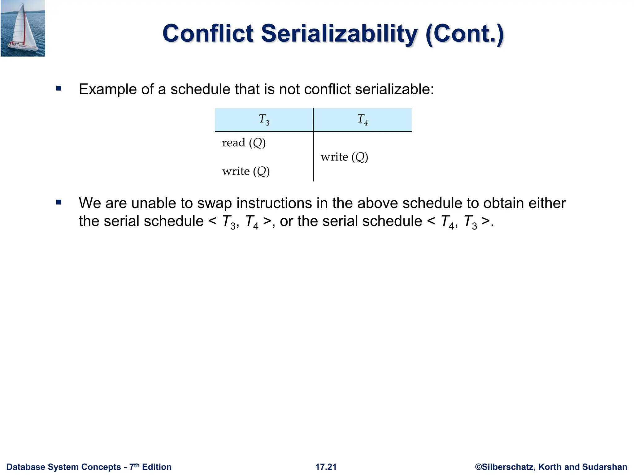 ©Silberschatz, Korth and Sudarshan
17.21
Database System Concepts - 7th Edition
Conflict Serializability (Cont.)
 Example of a schedule that is not conflict serializable:
 We are unable to swap instructions in the above schedule to obtain either
the serial schedule < T3, T4 >, or the serial schedule < T4, T3 >.
 
