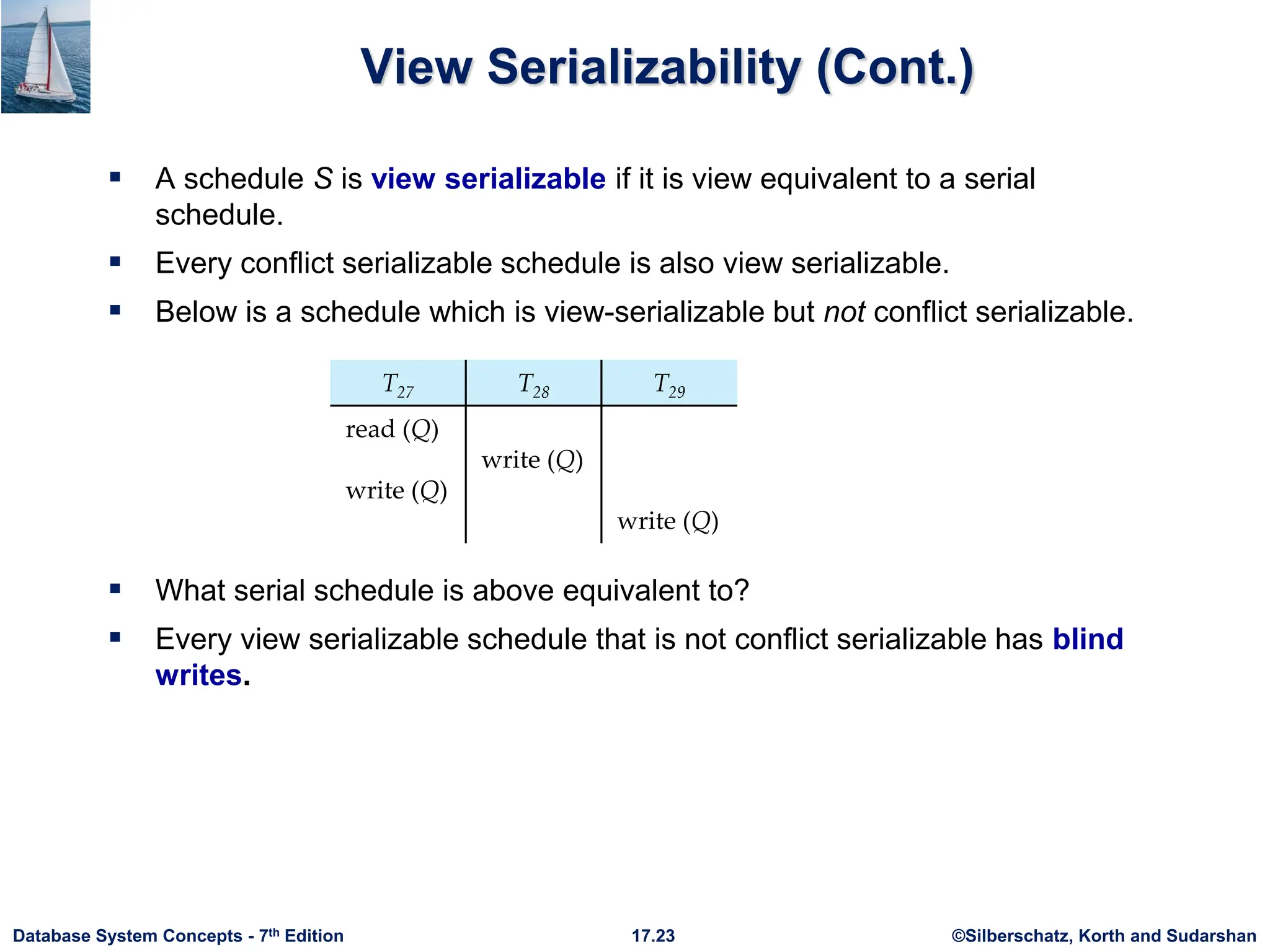©Silberschatz, Korth and Sudarshan
17.23
Database System Concepts - 7th Edition
View Serializability (Cont.)
 A schedule S is view serializable if it is view equivalent to a serial
schedule.
 Every conflict serializable schedule is also view serializable.
 Below is a schedule which is view-serializable but not conflict serializable.
 What serial schedule is above equivalent to?
 Every view serializable schedule that is not conflict serializable has blind
writes.
 