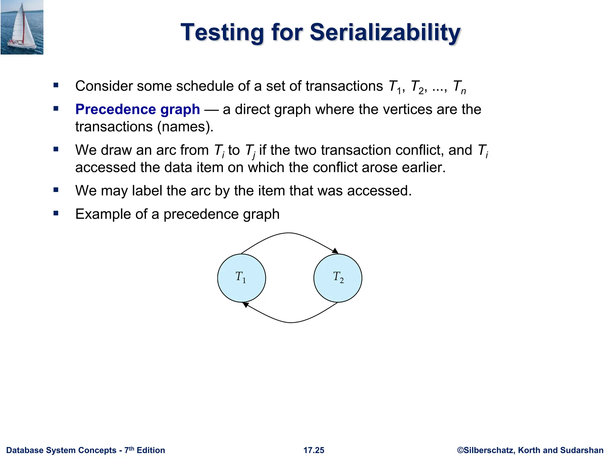©Silberschatz, Korth and Sudarshan
17.25
Database System Concepts - 7th Edition
Testing for Serializability
 Consider some schedule of a set of transactions T1, T2, ..., Tn
 Precedence graph — a direct graph where the vertices are the
transactions (names).
 We draw an arc from Ti to Tj if the two transaction conflict, and Ti
accessed the data item on which the conflict arose earlier.
 We may label the arc by the item that was accessed.
 Example of a precedence graph
 