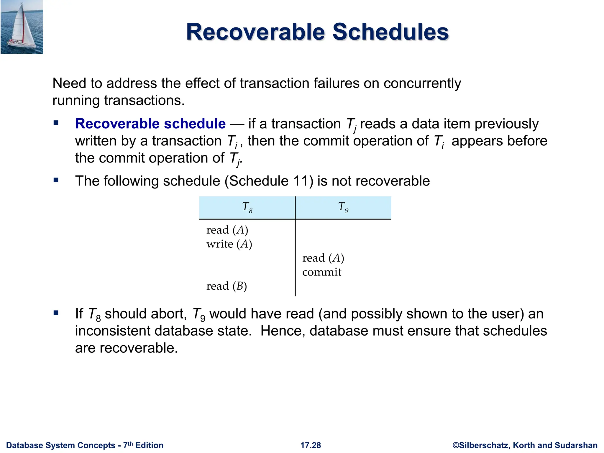 ©Silberschatz, Korth and Sudarshan
17.28
Database System Concepts - 7th Edition
Recoverable Schedules
 Recoverable schedule — if a transaction Tj reads a data item previously
written by a transaction Ti , then the commit operation of Ti appears before
the commit operation of Tj.
 The following schedule (Schedule 11) is not recoverable
 If T8 should abort, T9 would have read (and possibly shown to the user) an
inconsistent database state. Hence, database must ensure that schedules
are recoverable.
Need to address the effect of transaction failures on concurrently
running transactions.
 