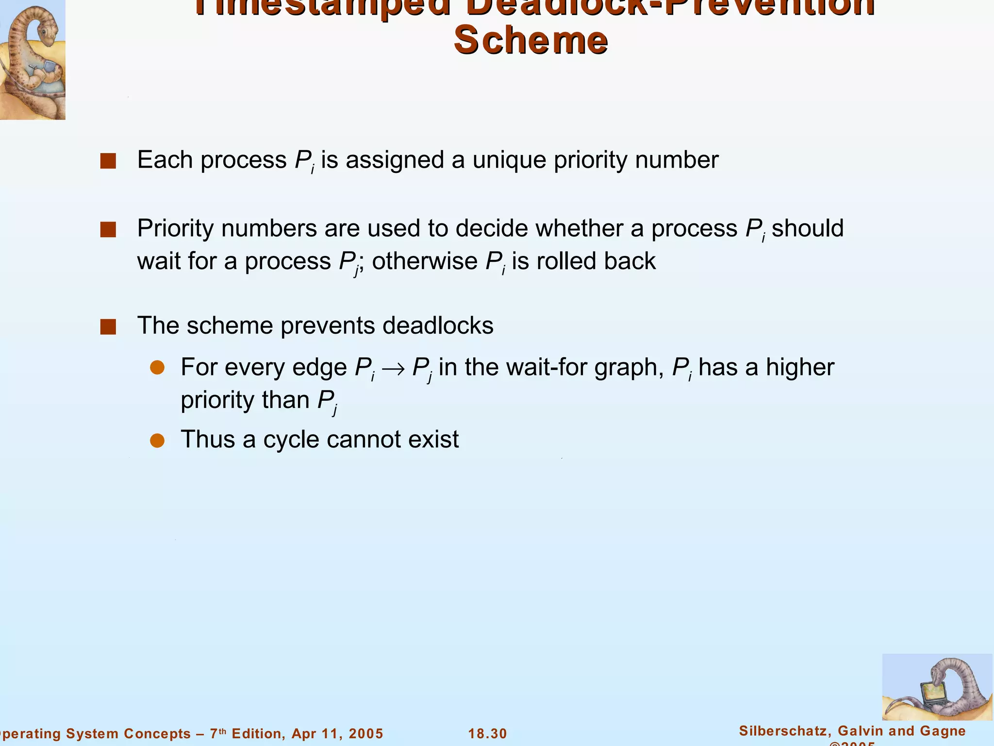 Timestamped Deadlock-Prevention Scheme Each process  P i   is assigned a unique priority number  Priority numbers are used to decide whether a process  P i  should wait for a process  P j ; otherwise  P i  is rolled back The scheme prevents deadlocks  For every edge  P i      P j  in the wait-for graph,  P i  has a higher priority than  P j Thus a cycle cannot exist 