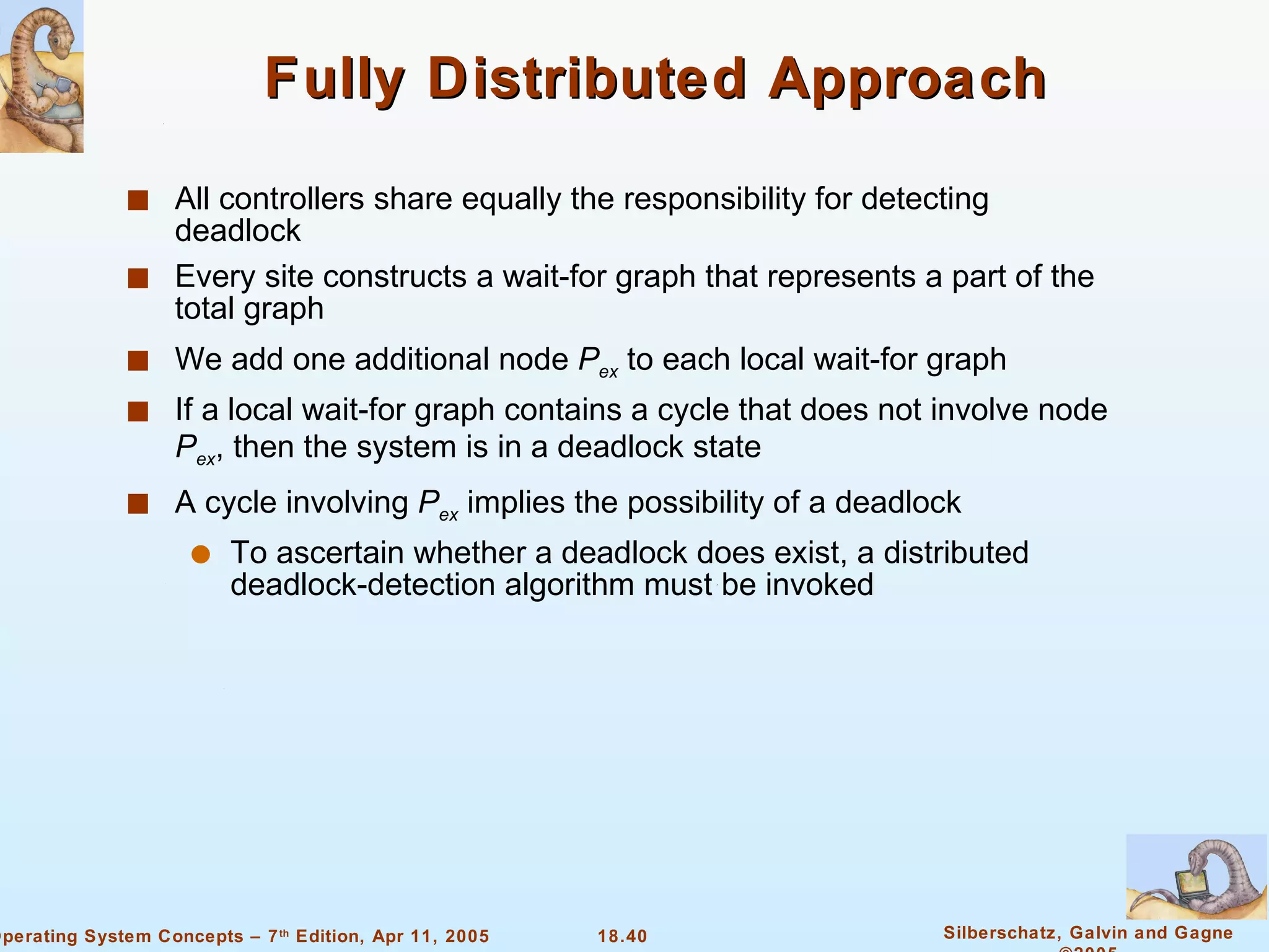 Fully Distributed Approach All controllers share equally the responsibility for detecting deadlock Every site constructs a wait-for graph that represents a part of the total graph We add one additional node  P ex  to each local wait-for graph If a local wait-for graph contains a cycle that does not involve node  P ex , then the system is in a deadlock state A cycle involving  P ex  implies the possibility of a deadlock To ascertain whether a deadlock does exist, a distributed deadlock-detection algorithm must be invoked 