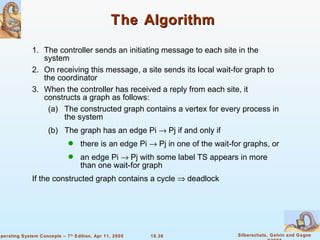 The Algorithm  1. The controller sends an initiating message to each site in the system  2. On receiving this message, a site sends its local wait-for graph to the coordinator 3. When the controller has received a reply from each site, it constructs a graph as follows: (a) The constructed graph contains a vertex for every process in the system (b)  The graph has an edge Pi    Pj if and only if  there is an edge Pi    Pj in one of the wait-for graphs, or an edge Pi    Pj with some label TS appears in more than one wait-for graph If the constructed graph contains a cycle    deadlock 