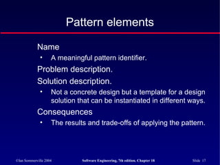 ©Ian Sommerville 2004 Software Engineering, 7th edition. Chapter 18 Slide 17
Pattern elements
Name
• A meaningful pattern identifier.
Problem description.
Solution description.
• Not a concrete design but a template for a design
solution that can be instantiated in different ways.
Consequences
• The results and trade-offs of applying the pattern.
 