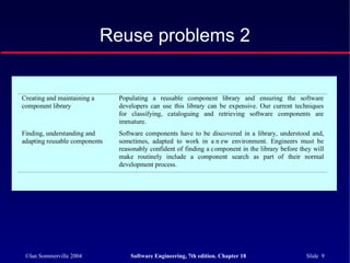 ©Ian Sommerville 2004 Software Engineering, 7th edition. Chapter 18 Slide 9
Reuse problems 2
Creating and maintaining a
component library
Populating a reusable component library and ensuring the software
developers can use this library can be expensive. Our current techniques
for classifying, cataloguing and retrieving software components are
immature.
Finding, understanding and
adapting reusable components
Software components have to be discovered in a library, understood and,
sometimes, adapted to work in a n ew environment. Engineers must be
reasonably confident of finding a component in the library before they will
make routinely include a component search as part of their normal
development process.
 
