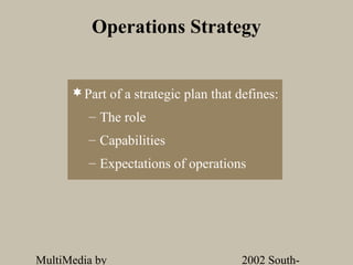 Operations Strategy


       Part of a strategic plan that defines:
         – The role
         – Capabilities
         – Expectations of operations




MultiMedia by                         2002 South-
 
