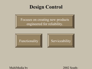 Design Control

       Focuses on creating new products
          engineered for reliability.



      Functionality        Serviceability




MultiMedia by                      2002 South-
 