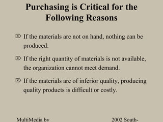 Purchasing is Critical for the
        Following Reasons
 If the materials are not on hand, nothing can be
  produced.
 If the right quantity of materials is not available,
  the organization cannot meet demand.
 If the materials are of inferior quality, producing
  quality products is difficult or costly.



MultiMedia by                          2002 South-
 