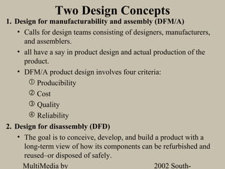 Two Design Concepts
1. Design for manufacturability and assembly (DFM/A)
    • Calls for design teams consisting of designers, manufacturers,
      and assemblers.
    • all have a say in product design and actual production of the
      product.
    • DFM/A product design involves four criteria:
         Producibility
         Cost
         Quality
         Reliability
2. Design for disassembly (DFD)
    • The goal is to conceive, develop, and build a product with a
      long-term view of how its components can be refurbished and
      reused–or disposed of safely.
      MultiMedia by                               2002 South-
 