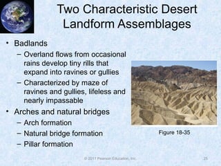 Two Characteristic Desert
Landform Assemblages
• Badlands
– Overland flows from occasional
rains develop tiny rills that
e...