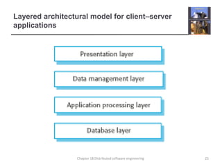 Layered architectural model for client–server
applications
25Chapter 18 Distributed software engineering
 