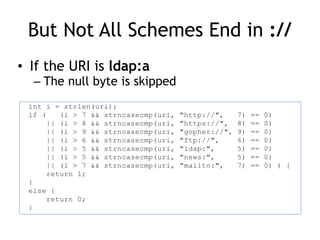 But Not All Schemes End in ://
• If the URI is ldap:a
– The null byte is skipped
 