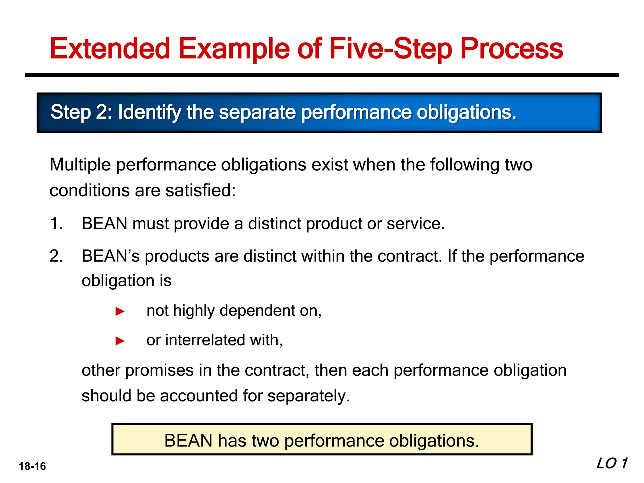 18-16 LO 1
Extended Example of Five-Step Process
Multiple performance obligations exist when the following two
conditions are satisfied:
1. BEAN must provide a distinct product or service.
2. BEAN’s products are distinct within the contract. If the performance
obligation is
► not highly dependent on,
► or interrelated with,
other promises in the contract, then each performance obligation
should be accounted for separately.
Step 2: Identify the separate performance obligations.
BEAN has two performance obligations.
 