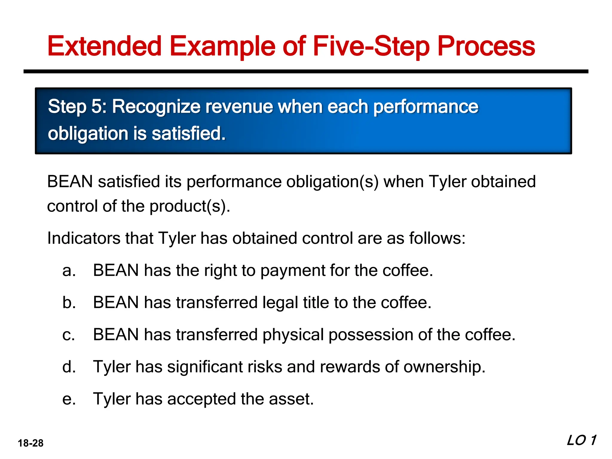 18-28 LO 1
Extended Example of Five-Step Process
BEAN satisfied its performance obligation(s) when Tyler obtained
control of the product(s).
Indicators that Tyler has obtained control are as follows:
a. BEAN has the right to payment for the coffee.
b. BEAN has transferred legal title to the coffee.
c. BEAN has transferred physical possession of the coffee.
d. Tyler has significant risks and rewards of ownership.
e. Tyler has accepted the asset.
Step 5: Recognize revenue when each performance
obligation is satisfied.
 
