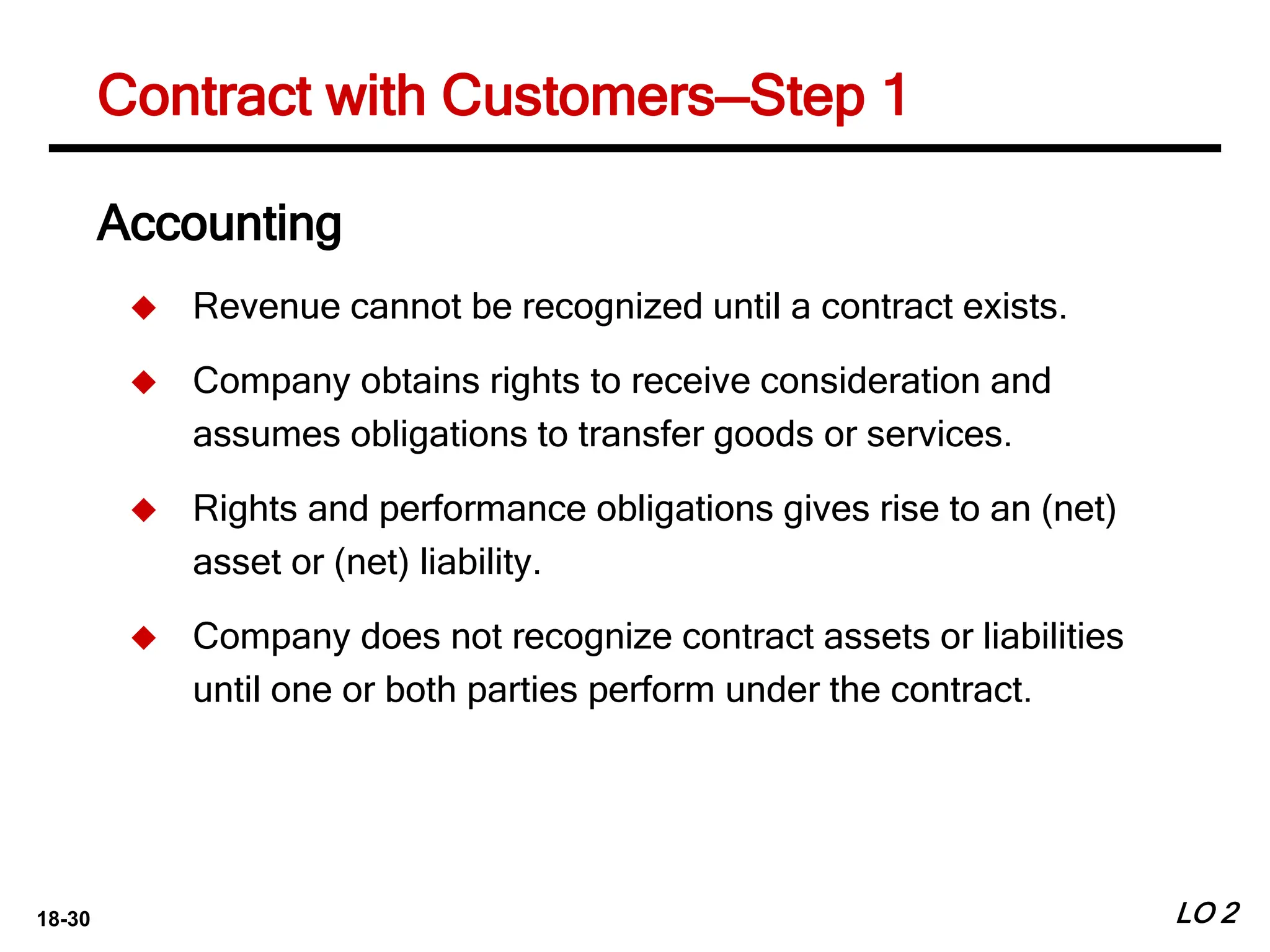 18-30
Accounting
 Revenue cannot be recognized until a contract exists.
 Company obtains rights to receive consideration and
assumes obligations to transfer goods or services.
 Rights and performance obligations gives rise to an (net)
asset or (net) liability.
 Company does not recognize contract assets or liabilities
until one or both parties perform under the contract.
LO 2
Contract with Customers—Step 1
 