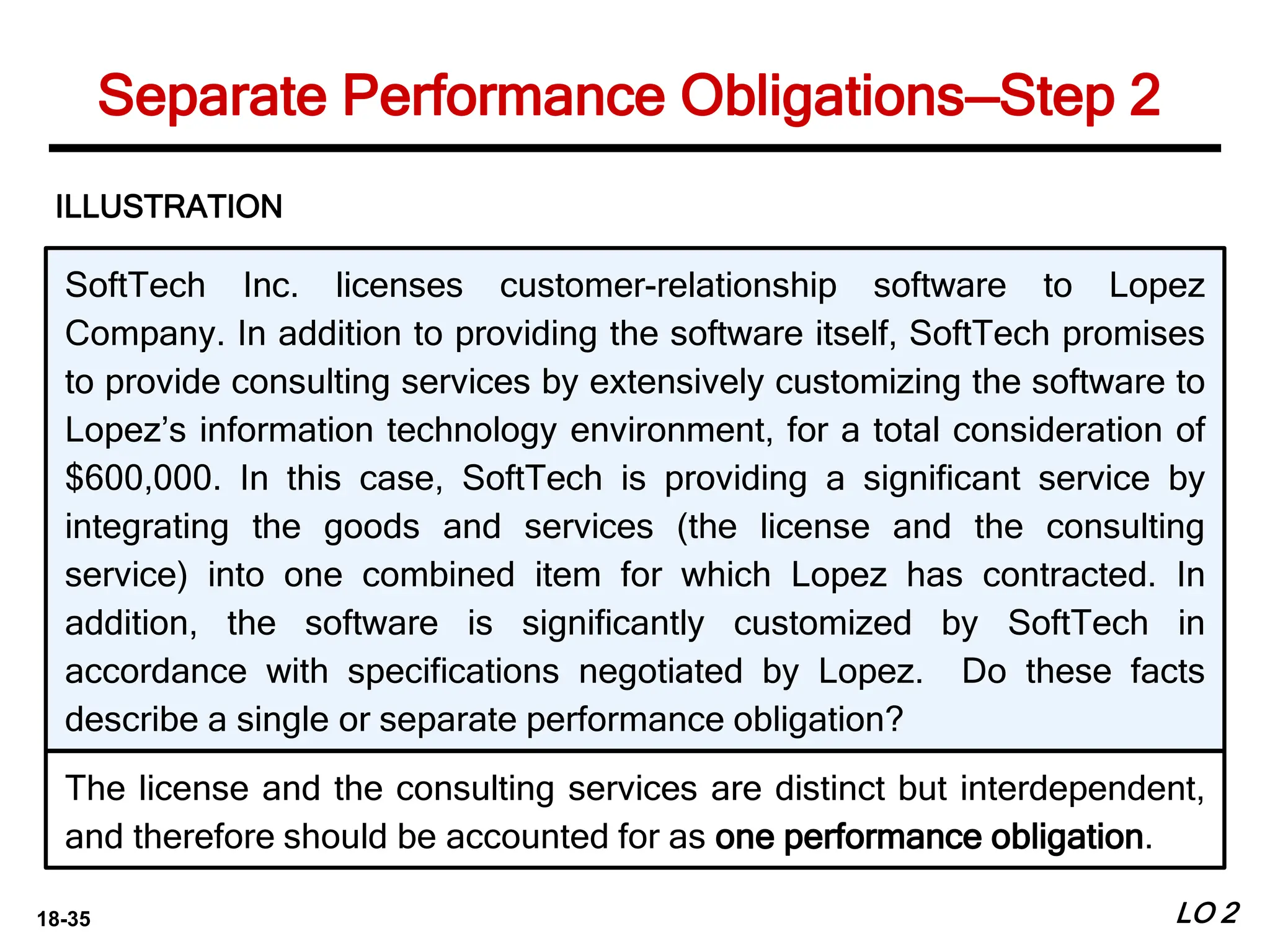 18-35
SoftTech Inc. licenses customer-relationship software to Lopez
Company. In addition to providing the software itself, SoftTech promises
to provide consulting services by extensively customizing the software to
Lopez’s information technology environment, for a total consideration of
$600,000. In this case, SoftTech is providing a significant service by
integrating the goods and services (the license and the consulting
service) into one combined item for which Lopez has contracted. In
addition, the software is significantly customized by SoftTech in
accordance with specifications negotiated by Lopez. Do these facts
describe a single or separate performance obligation?
ILLUSTRATION
The license and the consulting services are distinct but interdependent,
and therefore should be accounted for as one performance obligation.
LO 2
Separate Performance Obligations—Step 2
 
