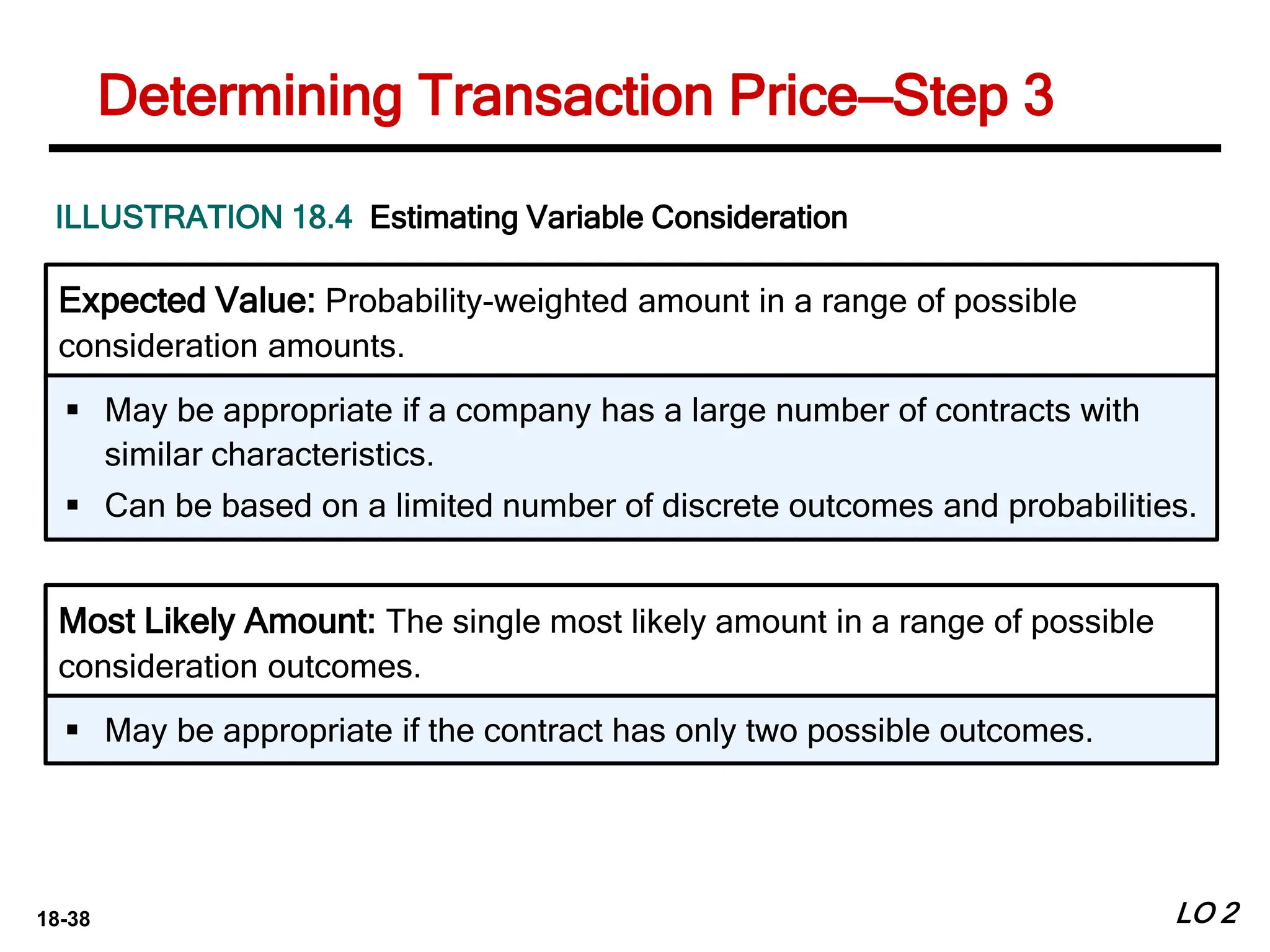 18-38
ILLUSTRATION 18.4 Estimating Variable Consideration
Expected Value: Probability-weighted amount in a range of possible
consideration amounts.
Most Likely Amount: The single most likely amount in a range of possible
consideration outcomes.
 May be appropriate if a company has a large number of contracts with
similar characteristics.
 Can be based on a limited number of discrete outcomes and probabilities.
 May be appropriate if the contract has only two possible outcomes.
Determining Transaction Price—Step 3
LO 2
 