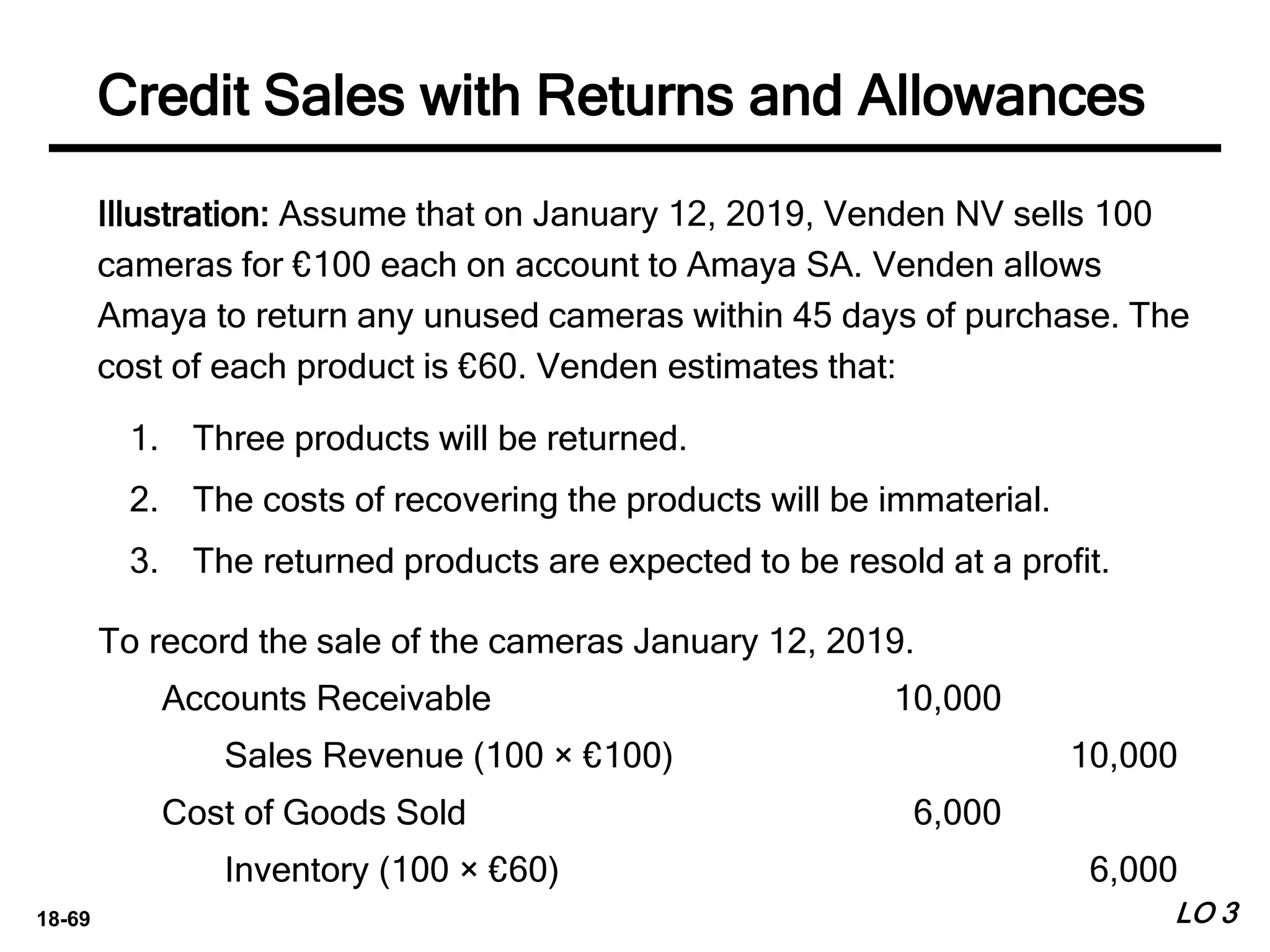 18-69
Illustration: Assume that on January 12, 2019, Venden NV sells 100
cameras for €100 each on account to Amaya SA. Venden allows
Amaya to return any unused cameras within 45 days of purchase. The
cost of each product is €60. Venden estimates that:
1. Three products will be returned.
2. The costs of recovering the products will be immaterial.
3. The returned products are expected to be resold at a profit.
LO 3
Credit Sales with Returns and Allowances
To record the sale of the cameras January 12, 2019.
Accounts Receivable 10,000
Sales Revenue (100 × €100) 10,000
Cost of Goods Sold 6,000
Inventory (100 × €60) 6,000
 