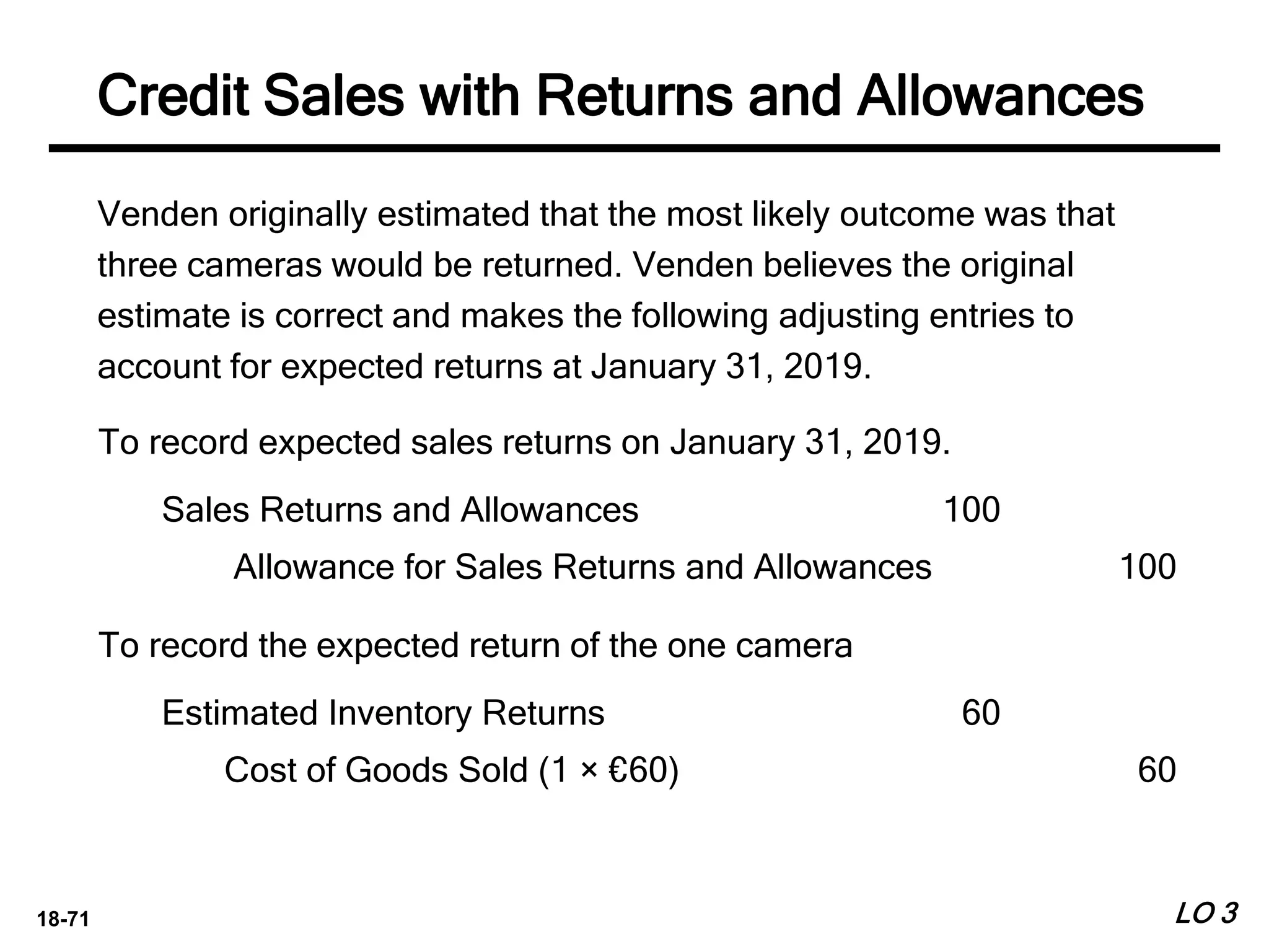 18-71
Venden originally estimated that the most likely outcome was that
three cameras would be returned. Venden believes the original
estimate is correct and makes the following adjusting entries to
account for expected returns at January 31, 2019.
LO 3
To record expected sales returns on January 31, 2019.
Sales Returns and Allowances 100
Allowance for Sales Returns and Allowances 100
To record the expected return of the one camera
Estimated Inventory Returns 60
Cost of Goods Sold (1 × €60) 60
Credit Sales with Returns and Allowances
 