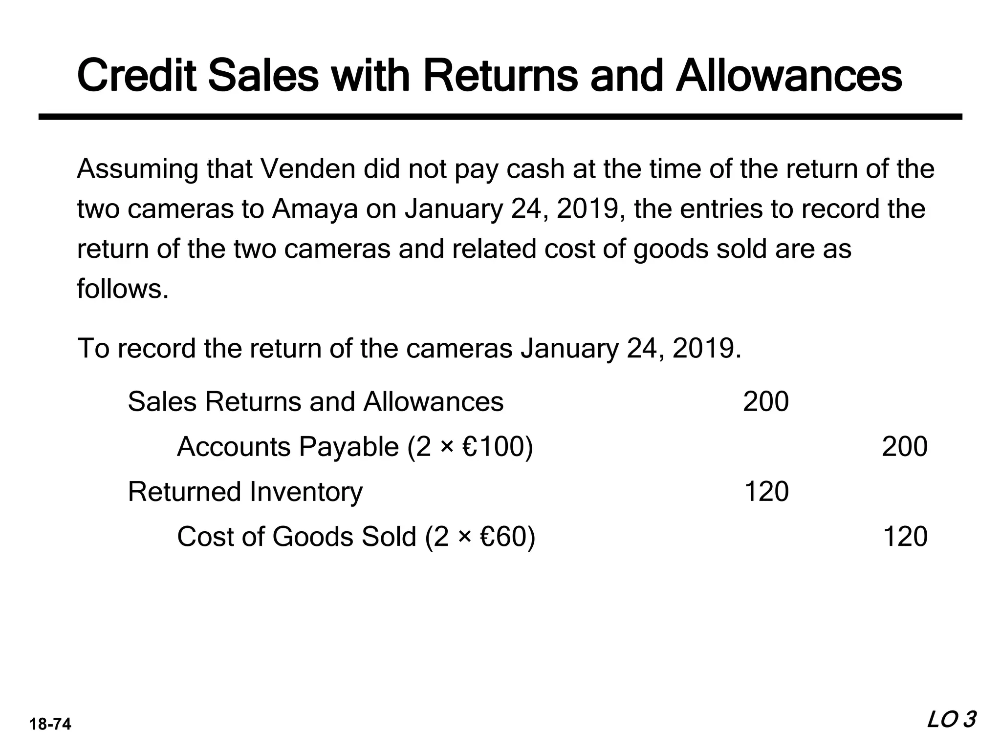 18-74
Assuming that Venden did not pay cash at the time of the return of the
two cameras to Amaya on January 24, 2019, the entries to record the
return of the two cameras and related cost of goods sold are as
follows.
LO 3
To record the return of the cameras January 24, 2019.
Sales Returns and Allowances 200
Accounts Payable (2 × €100) 200
Returned Inventory 120
Cost of Goods Sold (2 × €60) 120
Credit Sales with Returns and Allowances
 