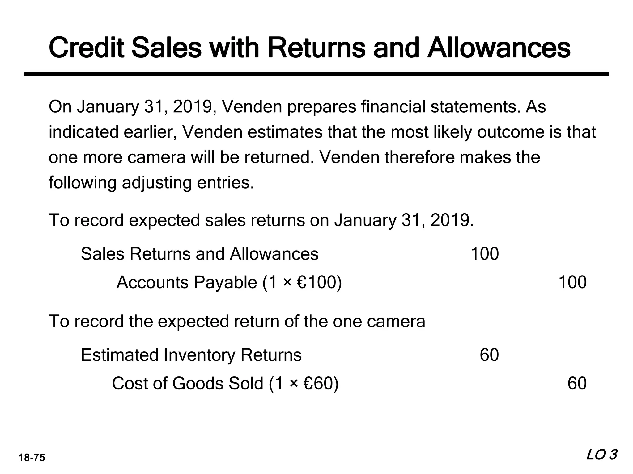 18-75
On January 31, 2019, Venden prepares financial statements. As
indicated earlier, Venden estimates that the most likely outcome is that
one more camera will be returned. Venden therefore makes the
following adjusting entries.
LO 3
To record expected sales returns on January 31, 2019.
Sales Returns and Allowances 100
Accounts Payable (1 × €100) 100
To record the expected return of the one camera
Estimated Inventory Returns 60
Cost of Goods Sold (1 × €60) 60
Credit Sales with Returns and Allowances
 