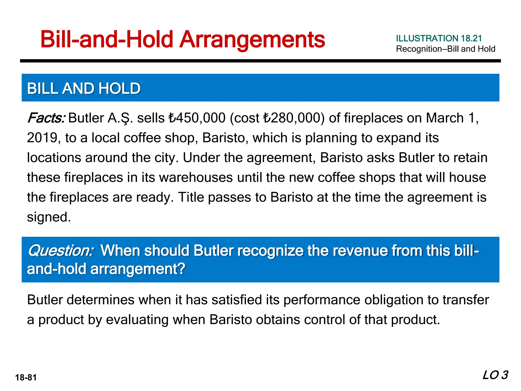 18-81
Facts: Butler A.Ş. sells ₺450,000 (cost ₺280,000) of fireplaces on March 1,
2019, to a local coffee shop, Baristo, which is planning to expand its
locations around the city. Under the agreement, Baristo asks Butler to retain
these fireplaces in its warehouses until the new coffee shops that will house
the fireplaces are ready. Title passes to Baristo at the time the agreement is
signed.
LO 3
BILL AND HOLD
Question: When should Butler recognize the revenue from this bill-
and-hold arrangement?
ILLUSTRATION 18.21
Recognition—Bill and Hold
Butler determines when it has satisfied its performance obligation to transfer
a product by evaluating when Baristo obtains control of that product.
Bill-and-Hold Arrangements
 