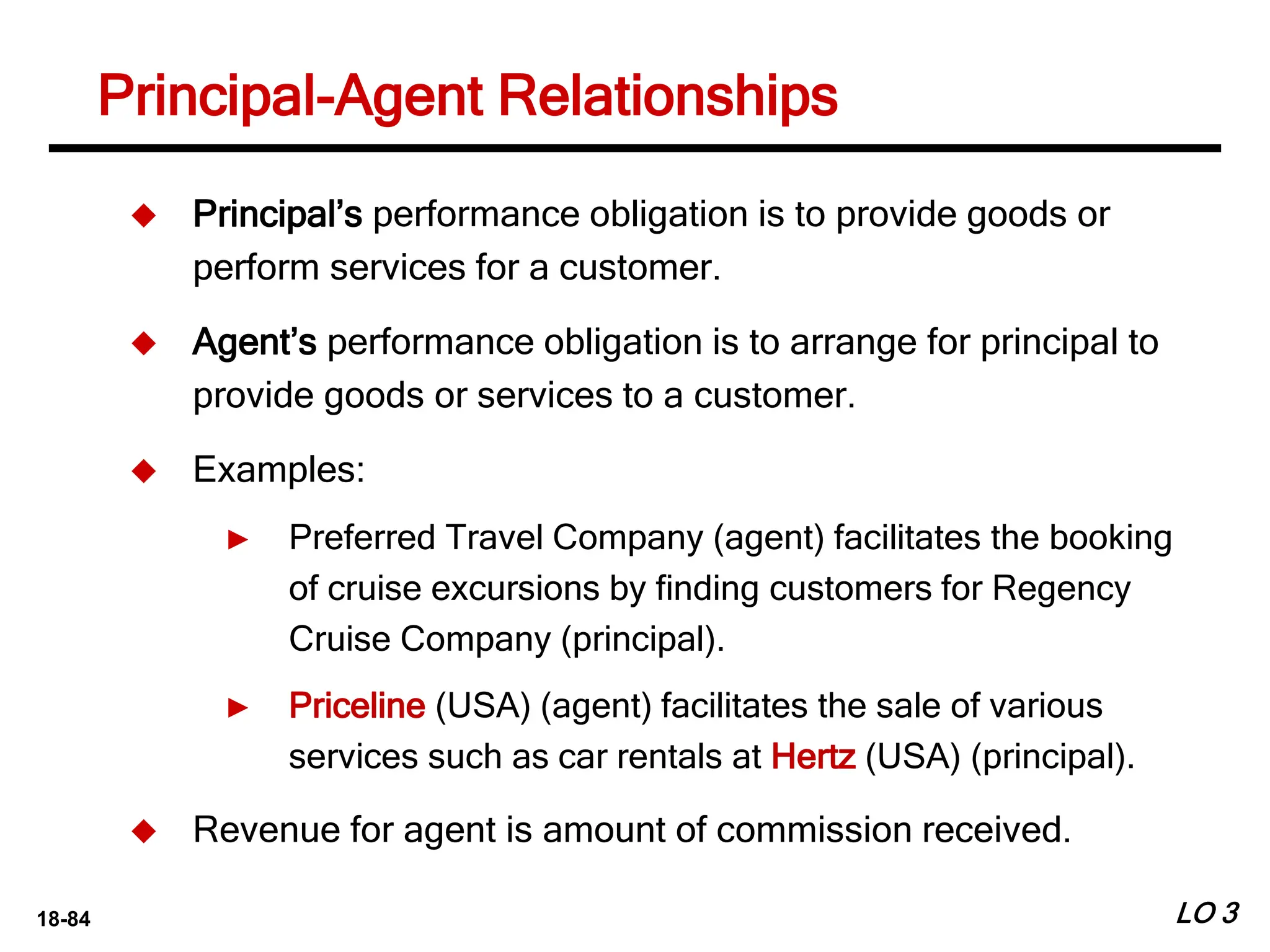18-84
Principal-Agent Relationships
LO 3
 Principal’s performance obligation is to provide goods or
perform services for a customer.
 Agent’s performance obligation is to arrange for principal to
provide goods or services to a customer.
 Examples:
► Preferred Travel Company (agent) facilitates the booking
of cruise excursions by finding customers for Regency
Cruise Company (principal).
► Priceline (USA) (agent) facilitates the sale of various
services such as car rentals at Hertz (USA) (principal).
 Revenue for agent is amount of commission received.
 