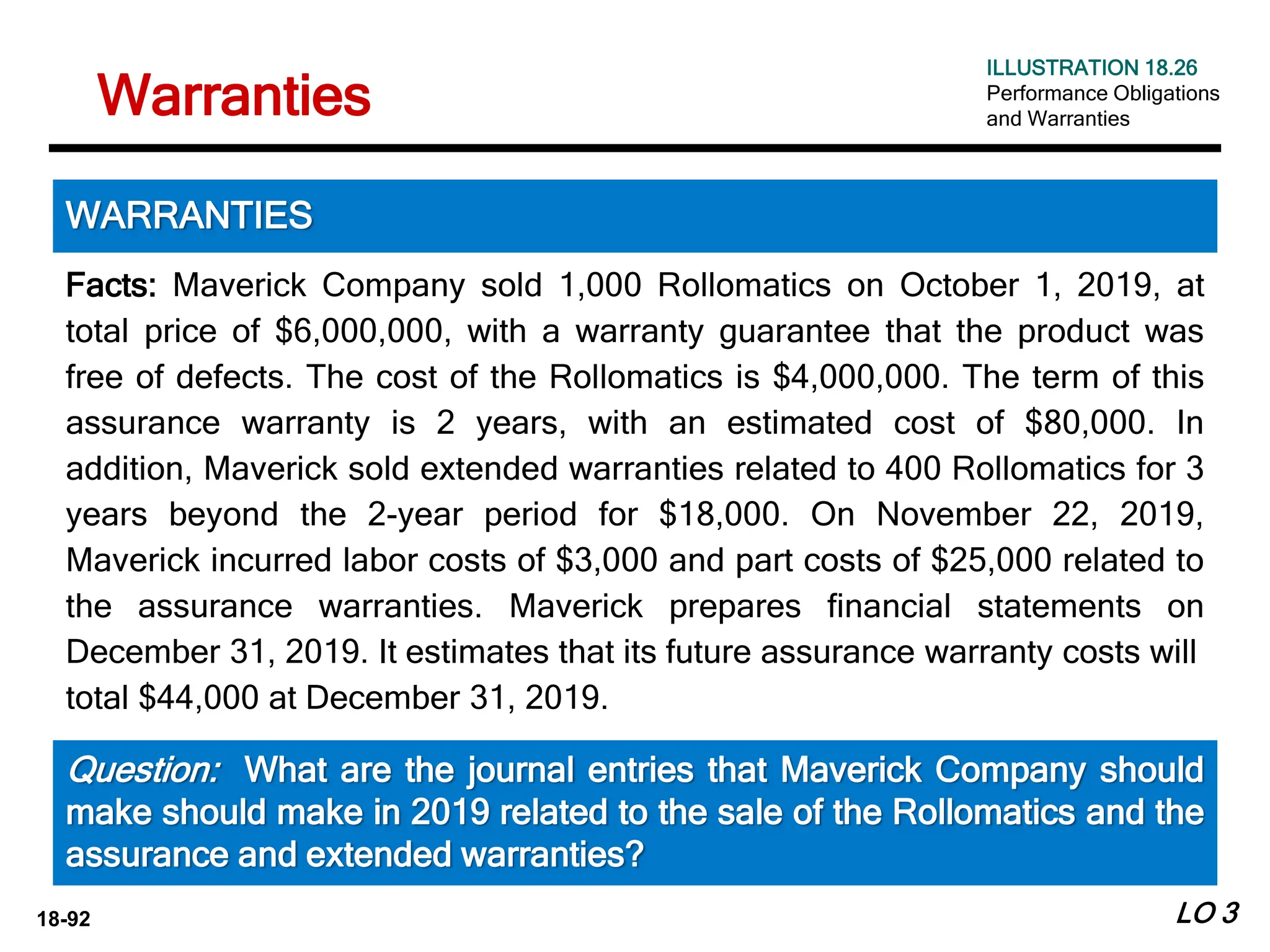 18-92
Facts: Maverick Company sold 1,000 Rollomatics on October 1, 2019, at
total price of $6,000,000, with a warranty guarantee that the product was
free of defects. The cost of the Rollomatics is $4,000,000. The term of this
assurance warranty is 2 years, with an estimated cost of $80,000. In
addition, Maverick sold extended warranties related to 400 Rollomatics for 3
years beyond the 2-year period for $18,000. On November 22, 2019,
Maverick incurred labor costs of $3,000 and part costs of $25,000 related to
the assurance warranties. Maverick prepares financial statements on
December 31, 2019. It estimates that its future assurance warranty costs will
total $44,000 at December 31, 2019.
WARRANTIES
Question: What are the journal entries that Maverick Company should
make should make in 2019 related to the sale of the Rollomatics and the
assurance and extended warranties?
ILLUSTRATION 18.26
Performance Obligations
and Warranties
Warranties
LO 3
 