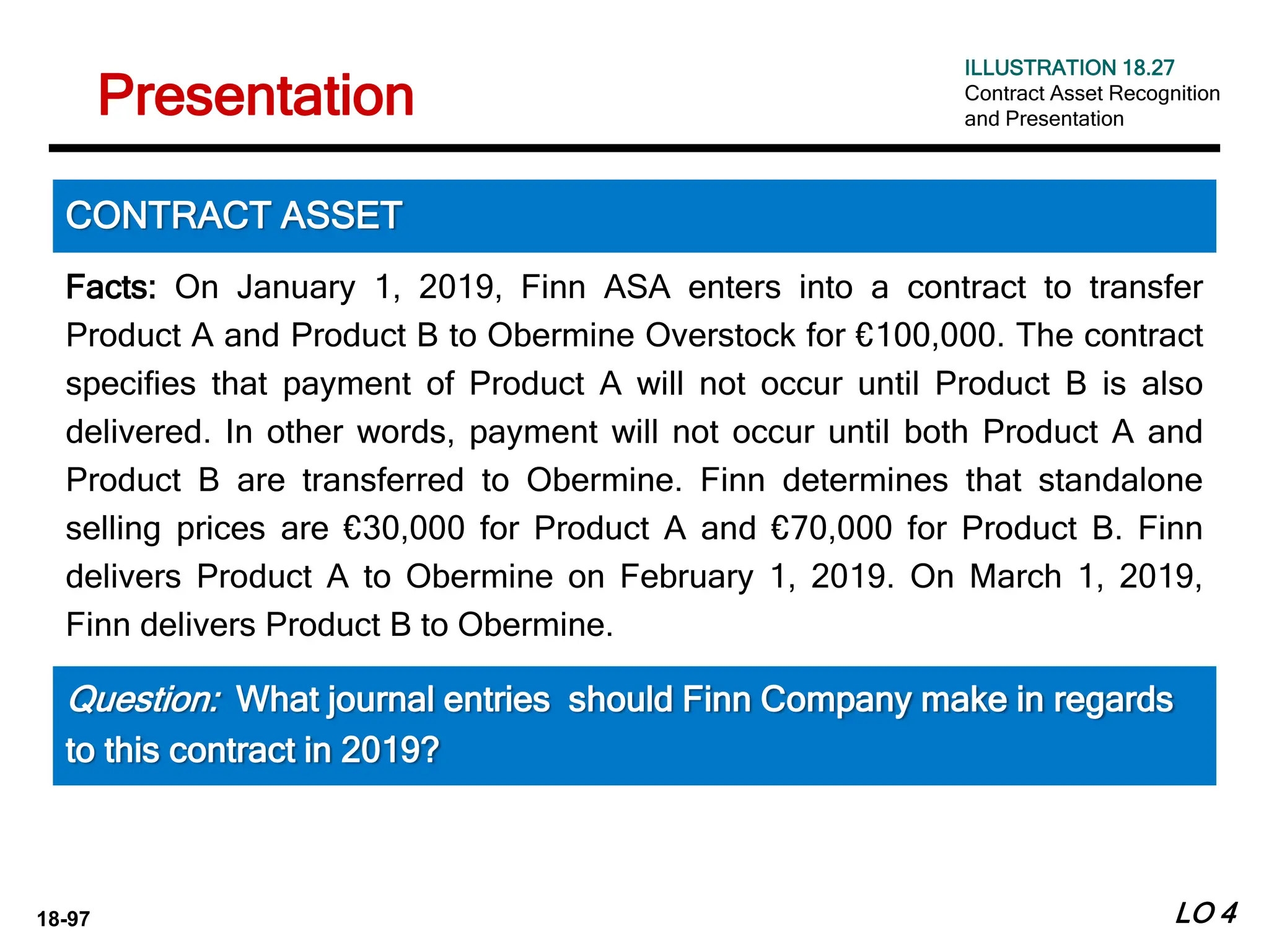 18-97
Facts: On January 1, 2019, Finn ASA enters into a contract to transfer
Product A and Product B to Obermine Overstock for €100,000. The contract
specifies that payment of Product A will not occur until Product B is also
delivered. In other words, payment will not occur until both Product A and
Product B are transferred to Obermine. Finn determines that standalone
selling prices are €30,000 for Product A and €70,000 for Product B. Finn
delivers Product A to Obermine on February 1, 2019. On March 1, 2019,
Finn delivers Product B to Obermine.
LO 4
CONTRACT ASSET
Question: What journal entries should Finn Company make in regards
to this contract in 2019?
ILLUSTRATION 18.27
Contract Asset Recognition
and Presentation
Presentation
 