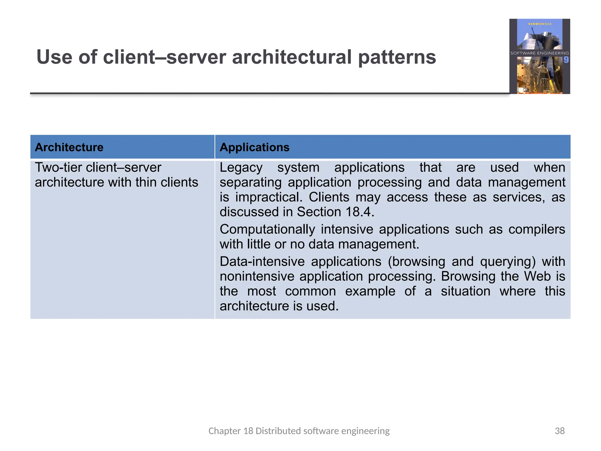 Chapter 18 Distributed software engineering 38
Use of client–server architectural patterns
Architecture Applications
Two-tier client–server
architecture with thin clients
Legacy system applications that are used when
separating application processing and data management
is impractical. Clients may access these as services, as
discussed in Section 18.4.
Computationally intensive applications such as compilers
with little or no data management.
Data-intensive applications (browsing and querying) with
nonintensive application processing. Browsing the Web is
the most common example of a situation where this
architecture is used.
 