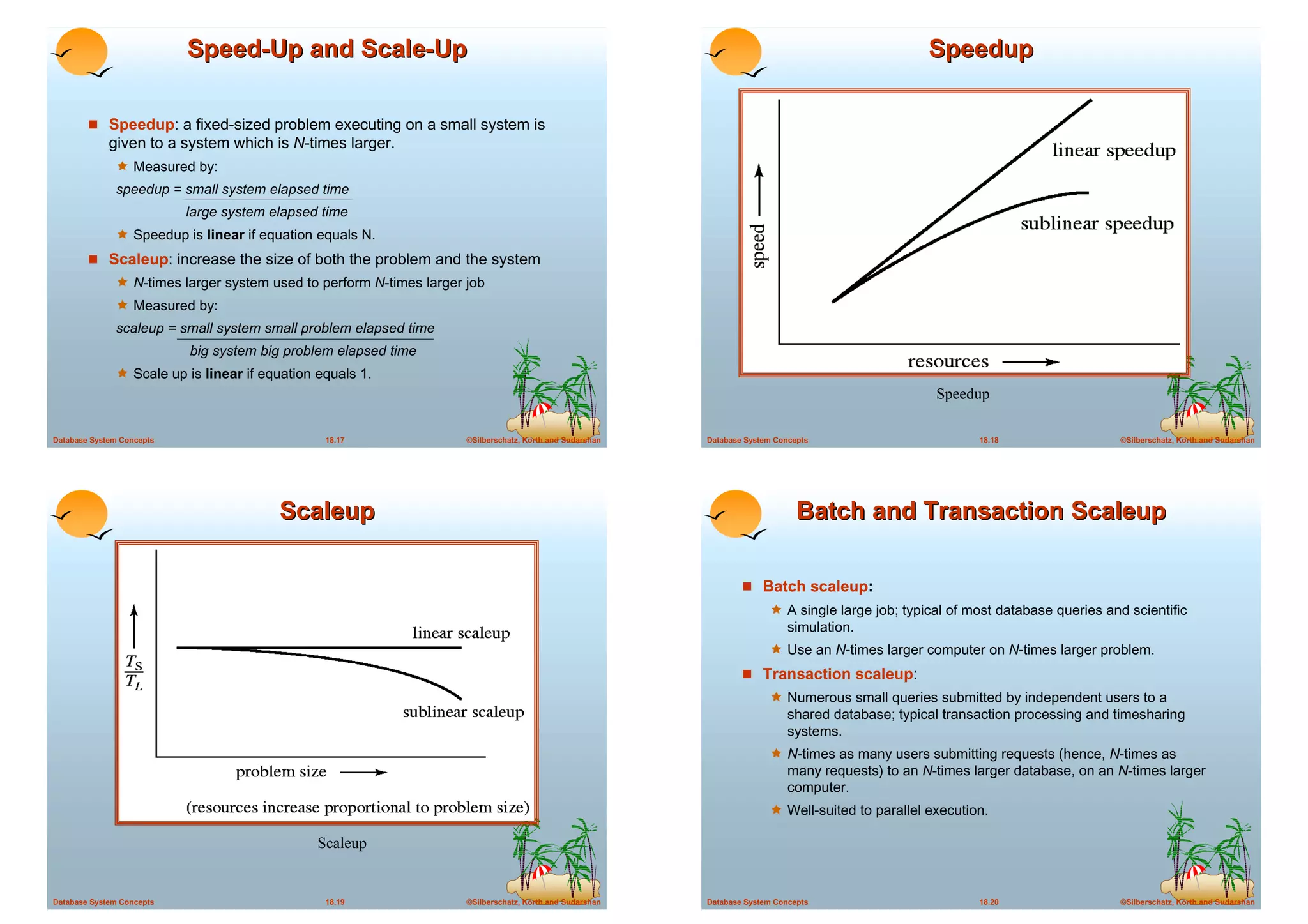 Speed-Up and Scale-Up                                                                                                   Speedup

        ! Speedup: a fixed-sized problem executing on a small system is
             given to a system which is N-times larger.
              ! Measured by:
              speedup = small system elapsed time
                           large system elapsed time
              ! Speedup is linear if equation equals N.
        ! Scaleup: increase the size of both the problem and the system
              ! N-times larger system used to perform N-times larger job
              ! Measured by:
              scaleup = small system small problem elapsed time
                           big system big problem elapsed time
              ! Scale up is linear if equation equals 1.
                                                                                                                                                    Speedup

Database System Concepts                        18.17                ©Silberschatz, Korth and Sudarshan   Database System Concepts                         18.18                  ©Silberschatz, Korth and Sudarshan




                                         Scaleup                                                                               Batch and Transaction Scaleup

                                                                                                                  ! Batch scaleup:
                                                                                                                        ! A single large job; typical of most database queries and scientific
                                                                                                                             simulation.
                                                                                                                        ! Use an N-times larger computer on N-times larger problem.
                                                                                                                  ! Transaction scaleup:
                                                                                                                        ! Numerous small queries submitted by independent users to a
                                                                                                                             shared database; typical transaction processing and timesharing
                                                                                                                             systems.
                                                                                                                        ! N-times as many users submitting requests (hence, N-times as
                                                                                                                             many requests) to an N-times larger database, on an N-times larger
                                                                                                                             computer.
                                                                                                                        ! Well-suited to parallel execution.

                                               Scaleup


Database System Concepts                        18.19                ©Silberschatz, Korth and Sudarshan   Database System Concepts                         18.20                  ©Silberschatz, Korth and Sudarshan
 