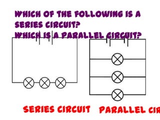 Which of the following is a
series circuit?
Which is a parallel circuit?




 Series Circuit Parallel Cir
 