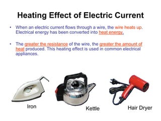 Heating Effect of Electric Current
• When an electric current flows through a wire, the wire heats up.
  Electrical energy has been converted into heat energy.

• The greater the resistance of the wire, the greater the amount of
  heat produced. This heating effect is used in common electrical
  appliances.




        Iron                          Kettle               Hair Dryer
 