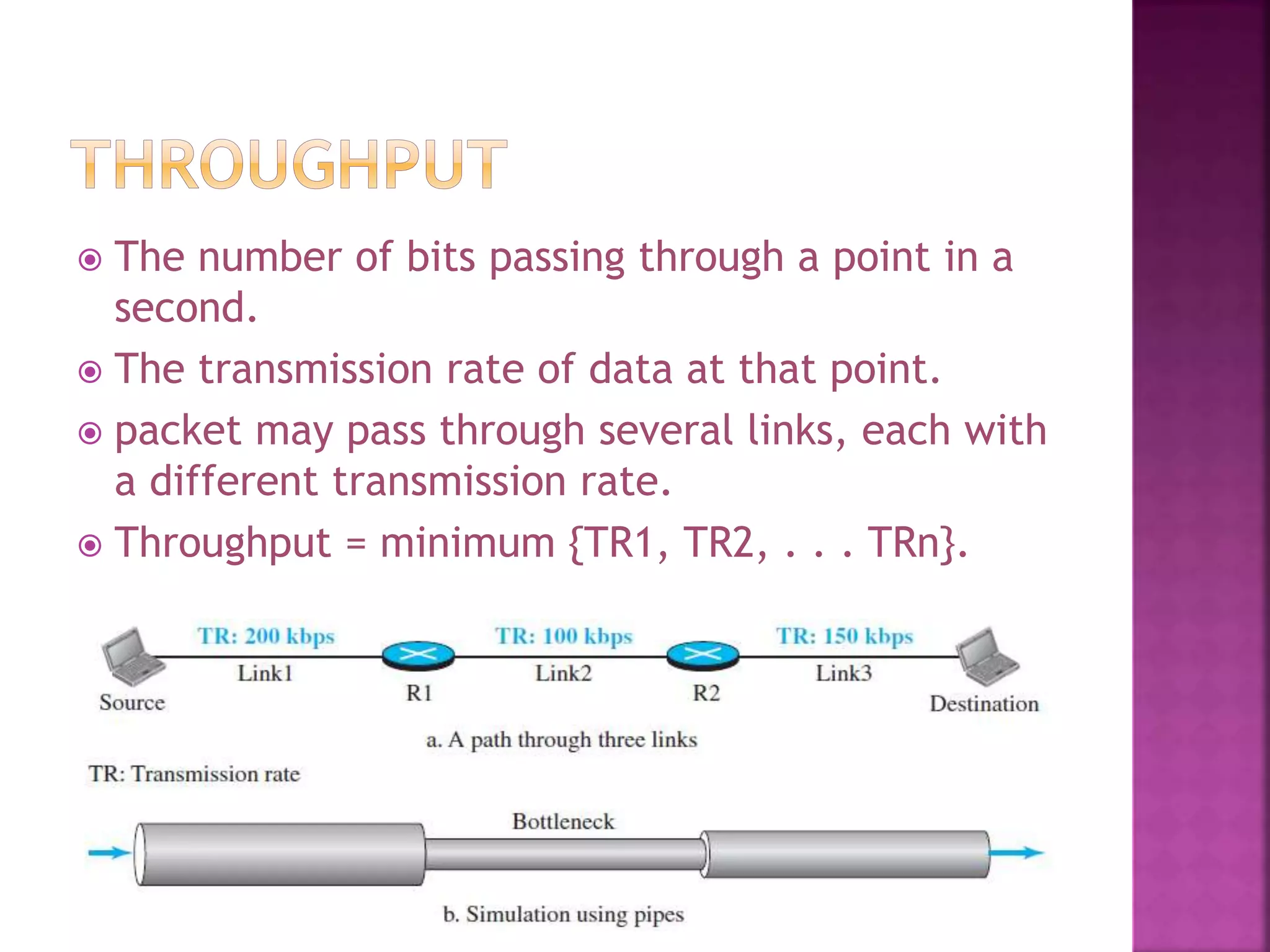  The number of bits passing through a point in a
second.
 The transmission rate of data at that point.
 packet may pass through several links, each with
a different transmission rate.
 Throughput = minimum {TR1, TR2, . . . TRn}.
 