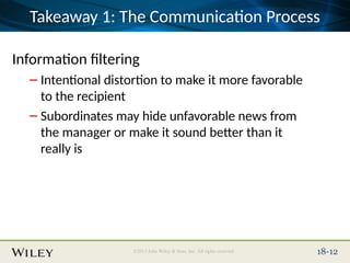 Place Slide Title Text Here
©2013 John Wiley & Sons, Inc. All rights reserved. 18-12
Takeaway 1: The Communication Process
Information filtering
– Intentional distortion to make it more favorable
to the recipient
– Subordinates may hide unfavorable news from
the manager or make it sound better than it
really is
 