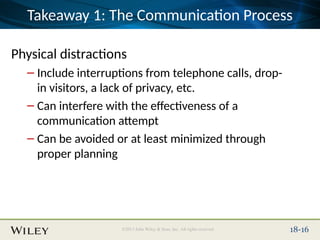 Place Slide Title Text Here
©2013 John Wiley & Sons, Inc. All rights reserved. 18-16
Takeaway 1: The Communication Process
Physical distractions
– Include interruptions from telephone calls, drop-
in visitors, a lack of privacy, etc.
– Can interfere with the effectiveness of a
communication attempt
– Can be avoided or at least minimized through
proper planning
 