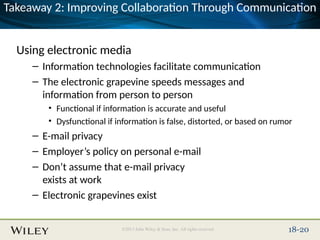 Place Slide Title Text Here
©2013 John Wiley & Sons, Inc. All rights reserved. 18-20
Takeaway 2: Improving Collaboration Through Communication
Using electronic media
– Information technologies facilitate communication
– The electronic grapevine speeds messages and
information from person to person
• Functional if information is accurate and useful
• Dysfunctional if information is false, distorted, or based on rumor
– E-mail privacy
– Employer’s policy on personal e-mail
– Don’t assume that e-mail privacy
exists at work
– Electronic grapevines exist
 