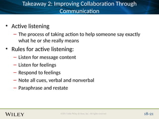 Place Slide Title Text Here
©2013 John Wiley & Sons, Inc. All rights reserved. 18-21
Takeaway 2: Improving Collaboration Through
Communication
• Active listening
– The process of taking action to help someone say exactly
what he or she really means
• Rules for active listening:
– Listen for message content
– Listen for feelings
– Respond to feelings
– Note all cues, verbal and nonverbal
– Paraphrase and restate
 