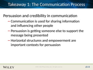 Place Slide Title Text Here
©2013 John Wiley & Sons, Inc. All rights reserved. 18-8
Takeaway 1: The Communication Process
Persuasion and credibility in communication
– Communication is used for sharing information
and influencing other people
– Persuasion is getting someone else to support the
message being presented
– Horizontal structures and empowerment are
important contexts for persuasion
 